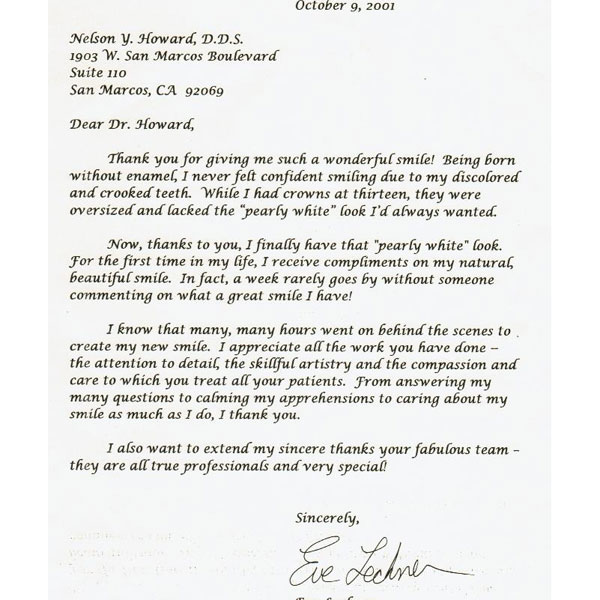 Written letter from Eve a dental patient