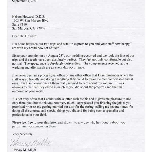 Review letter from dental patient Harvey