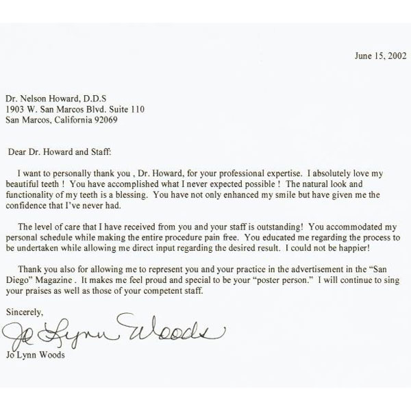 Rancho Bernardo dental review letter from Lynn