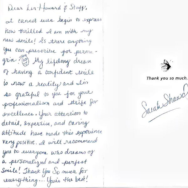 Sarah's letter thanking dentist Dr. Nelson