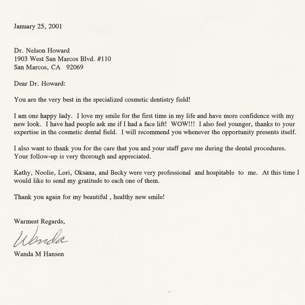 Written review letter from dental patient Wanda